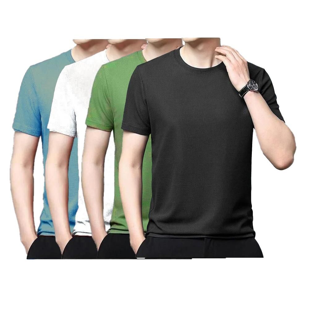 Polyester Stretchable Solid Half Sleeves Mens Round Neck T-Shirt Pack Of 4 👕🔥