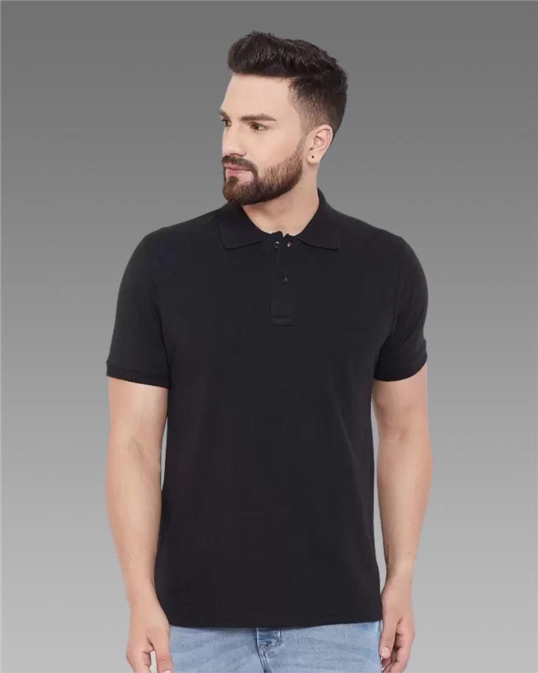 Cotton Blend Solid Half Sleeves Polo T-Shirt (Black)