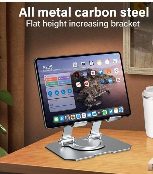 360° Rotating Tablet Stand – Adjustable Carbon Steel Base for Desk & Table Use