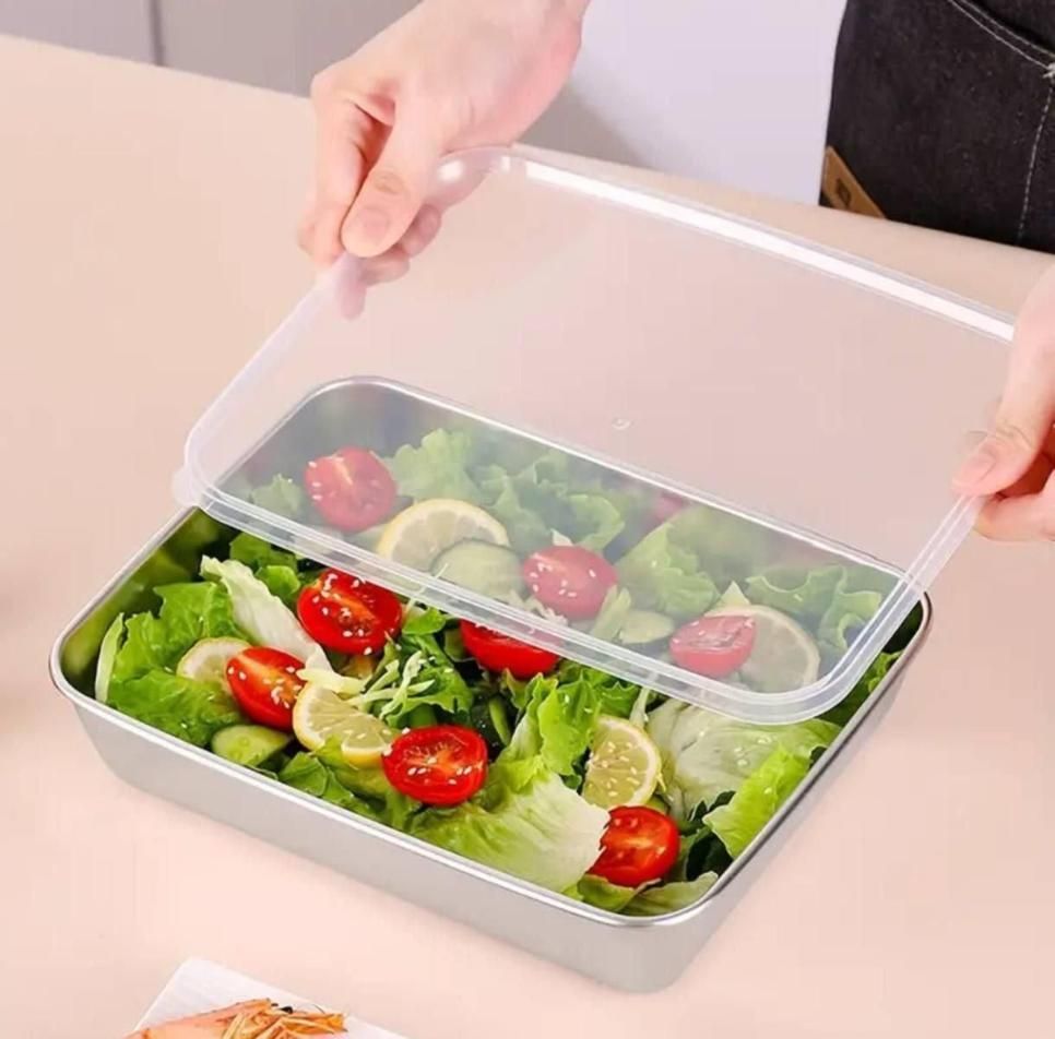 Non-Stick Baking Pan with Cover – Stainless Steel Food Storage Tray (Silver) 🍞✨