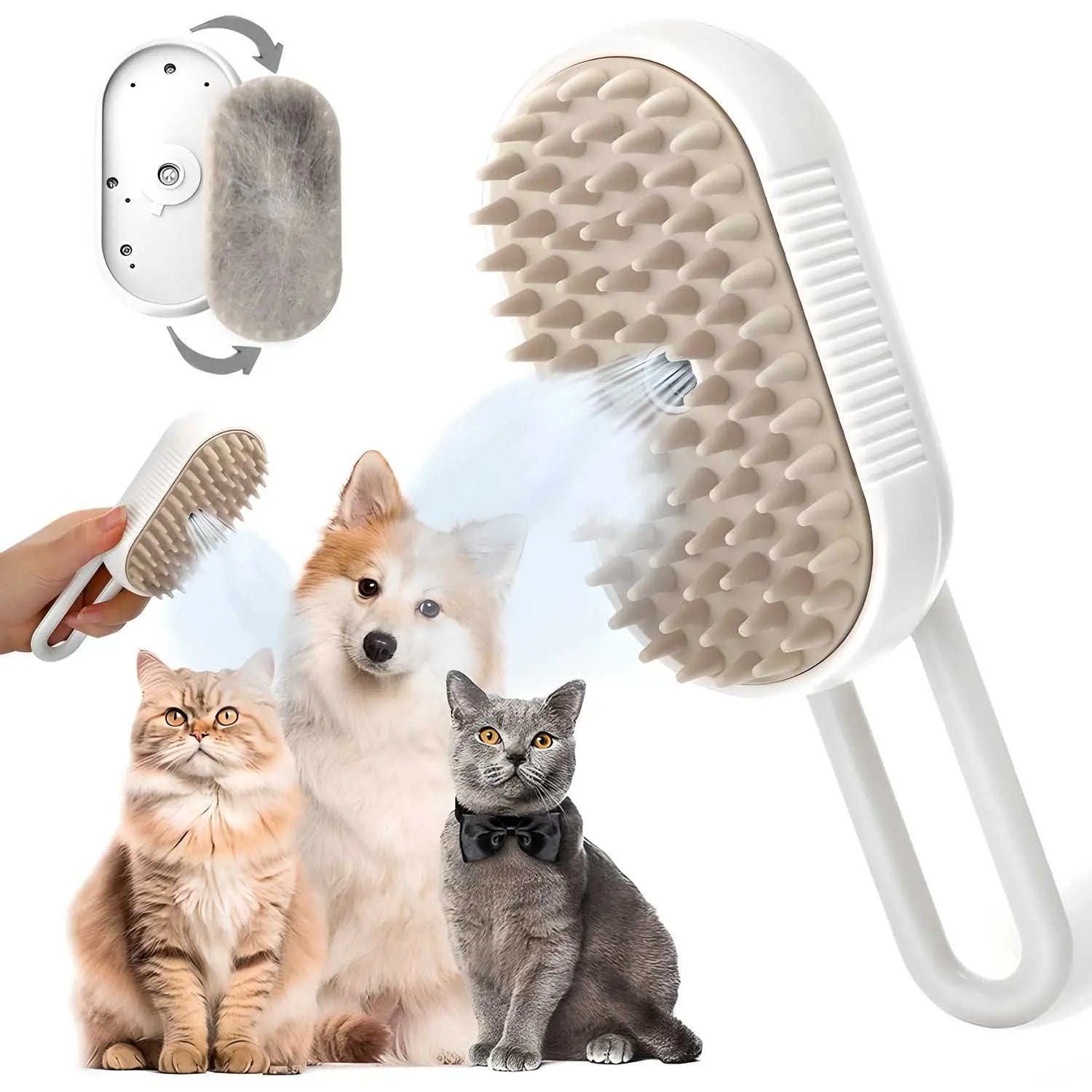 3-in-1 Steam Brush with Steamer - Suitable for Cats, Dogs and All Pets (White)