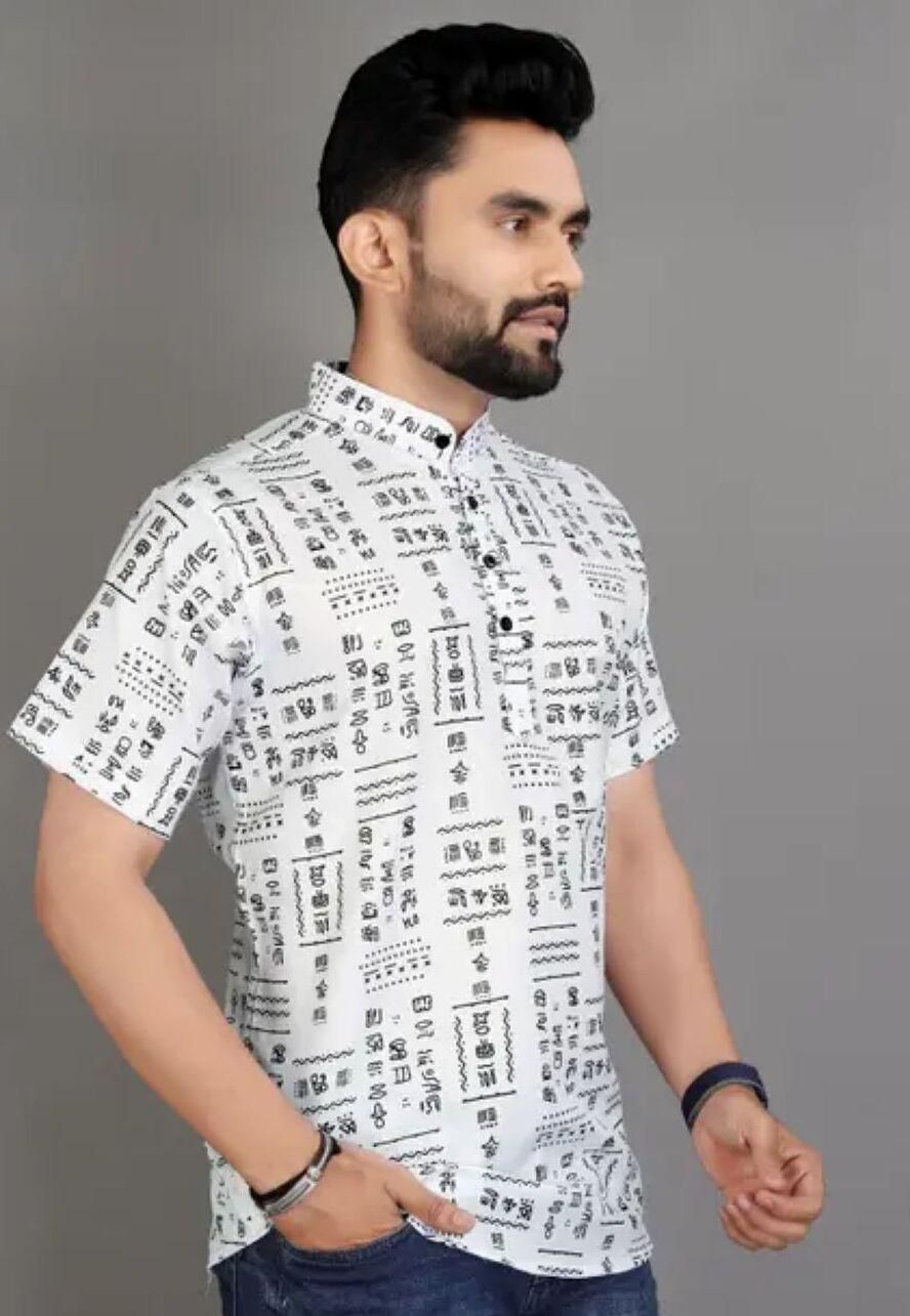 Men's Printed Half Sleeves - Spread Collar Casual Shirt White & Black