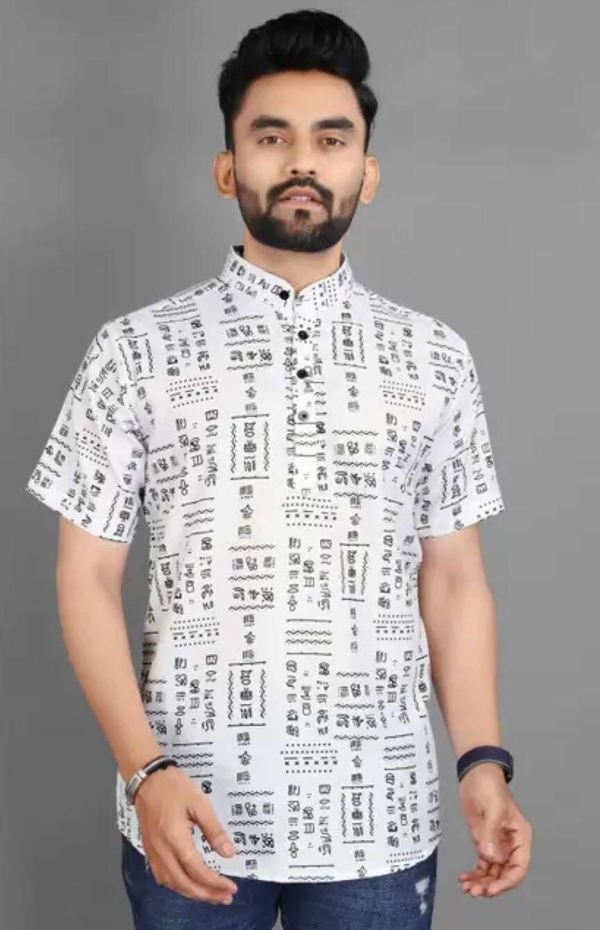 Men's Printed Half Sleeves - Spread Collar Casual Shirt White & Black