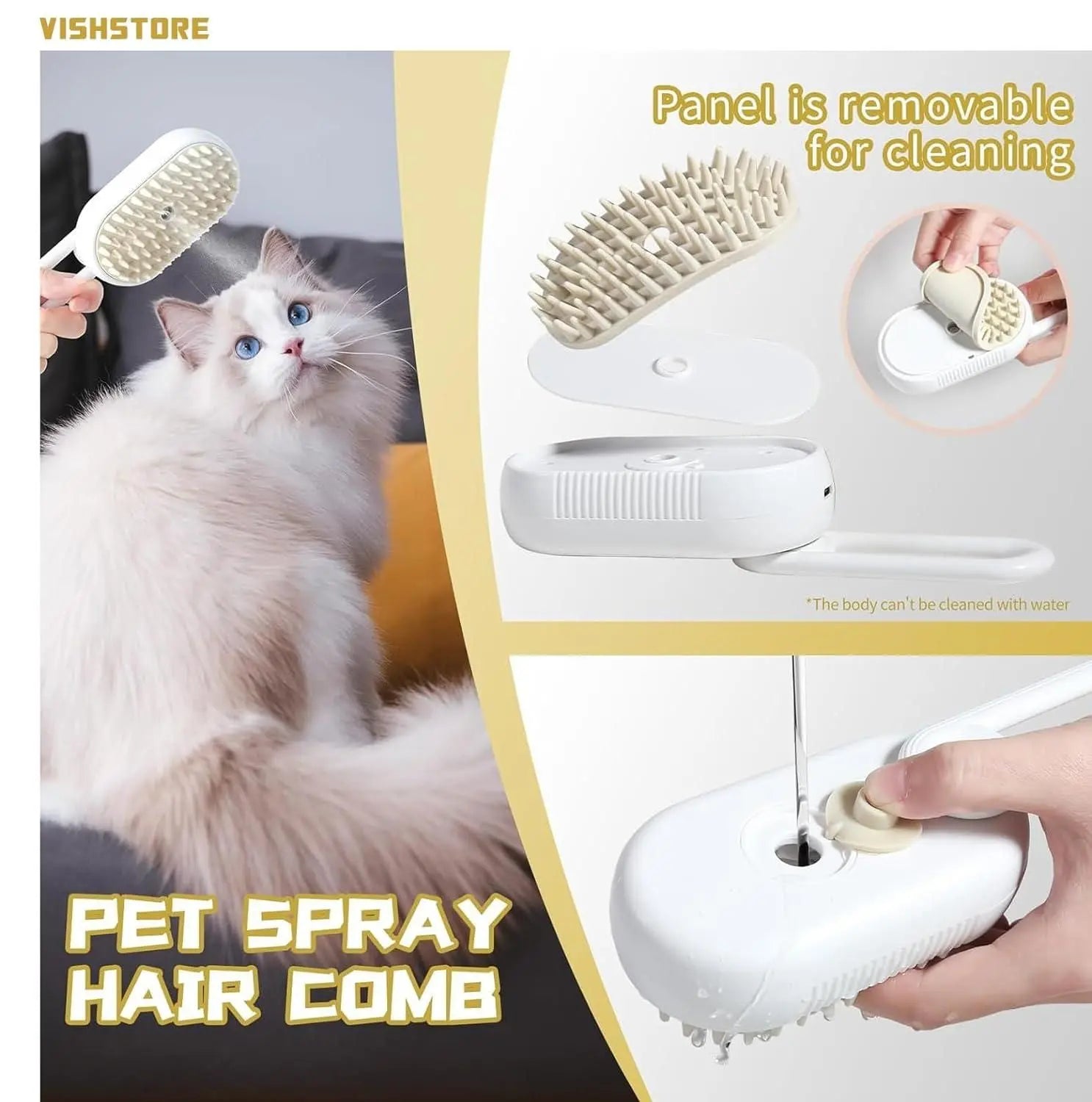 3-in-1 Steam Brush with Steamer - Suitable for Cats, Dogs and All Pets (White)