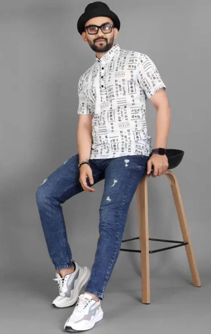 Men's Printed Half Sleeves - Spread Collar Casual Shirt White & Black