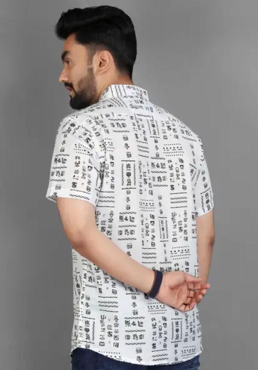 Men's Printed Half Sleeves - Spread Collar Casual Shirt White & Black