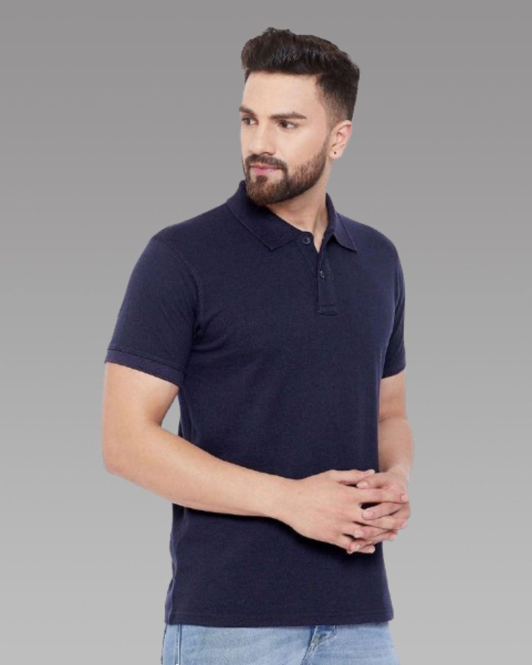 Cotton Blend Solid Half Sleeves Polo T-Shirt (Navy Blue)