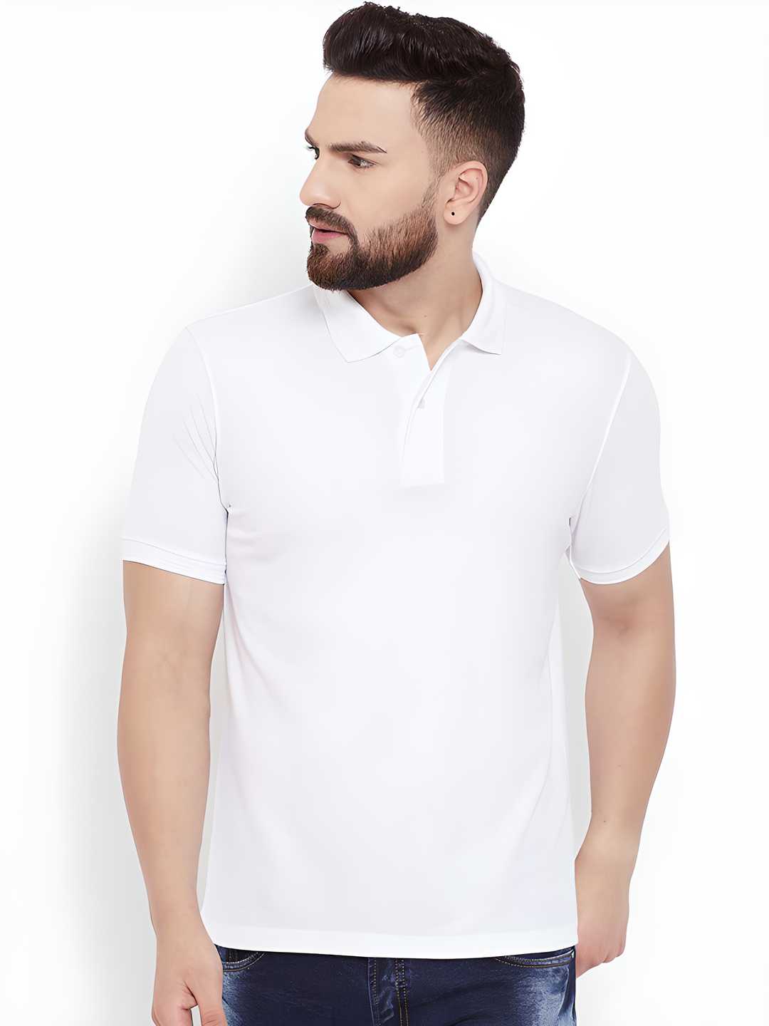 Cotton Blend Solid Half Sleeves Polo T-Shirt (White)