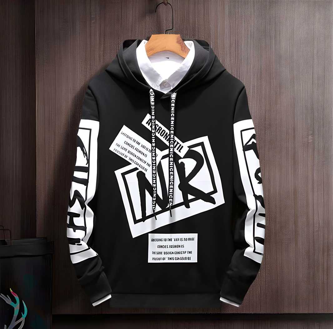 Cotton Blend Printed Full Sleeves Mens Hooded Neck T-Shirt 🖤🧢