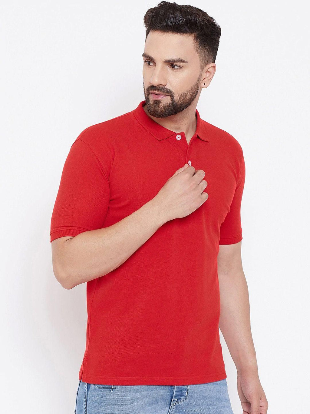 Cotton Blend Solid Half Sleeves Polo T-Shirt (Red)